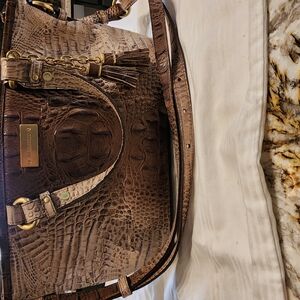 Brahmin Cream and Brown Satchel with Glossy Finish